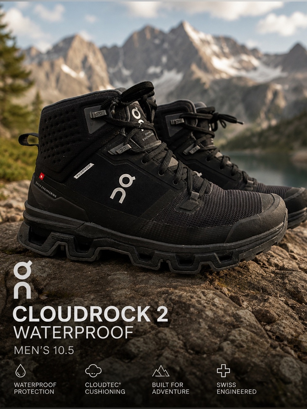 On Cloudrock 2 Waterproof Boots Men’s 10.5 Black Hiking Trail Gorpcore EUC $248